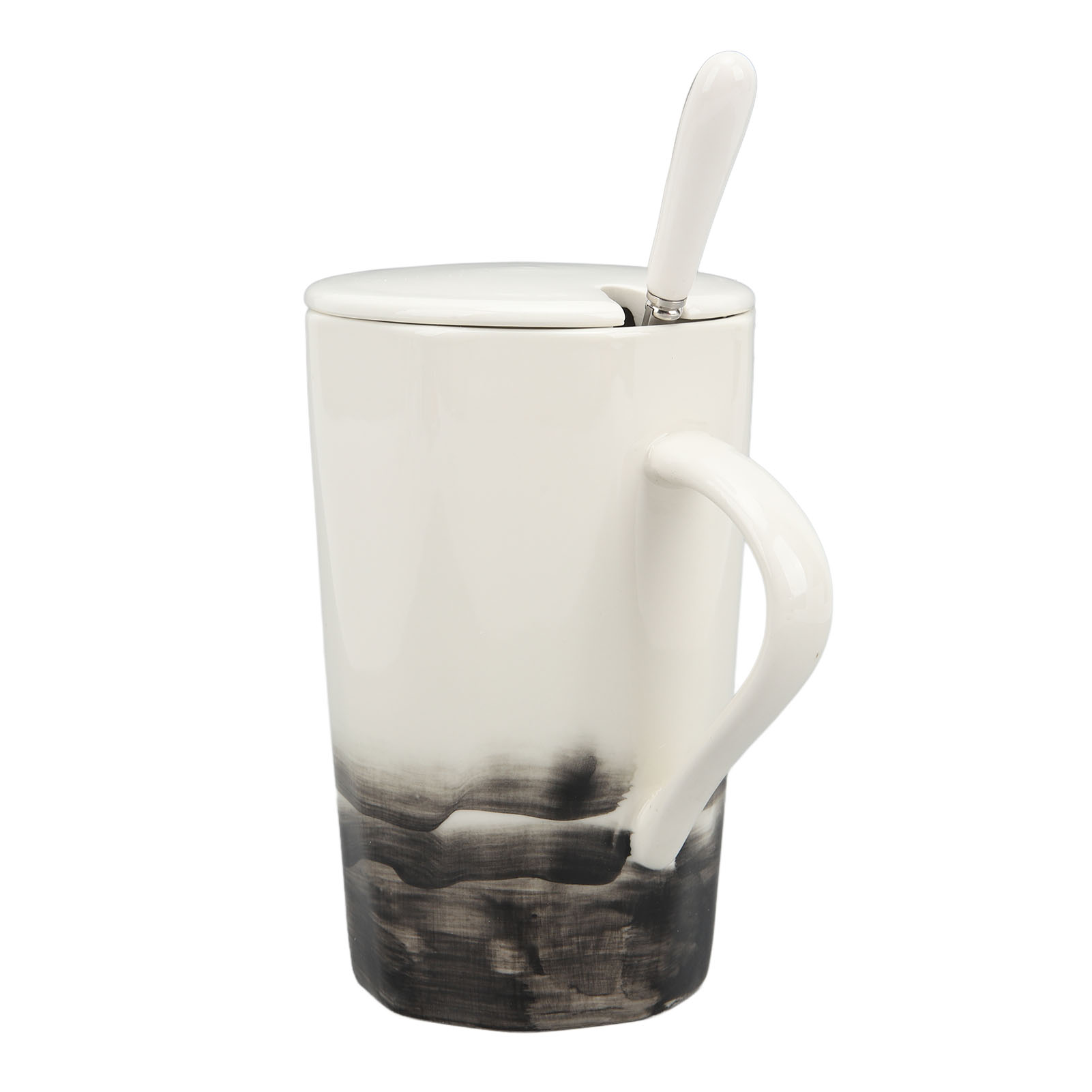 400-ml-keramikbecher Im Tuschemalerei-stil, Kaffeetasse Mit Löffeldeckel, Ideal Für Zuhause Und Büro, Kaffeefarbe