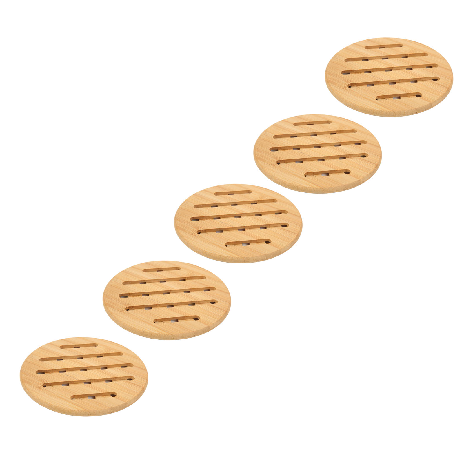 Set Mit 5 Hitzebeständigen Bambus-untersetzern Für Heiße Speisen, Töpfe, Schüsseln Und Teekannen. Rund, 18 Cm Durchmesser.