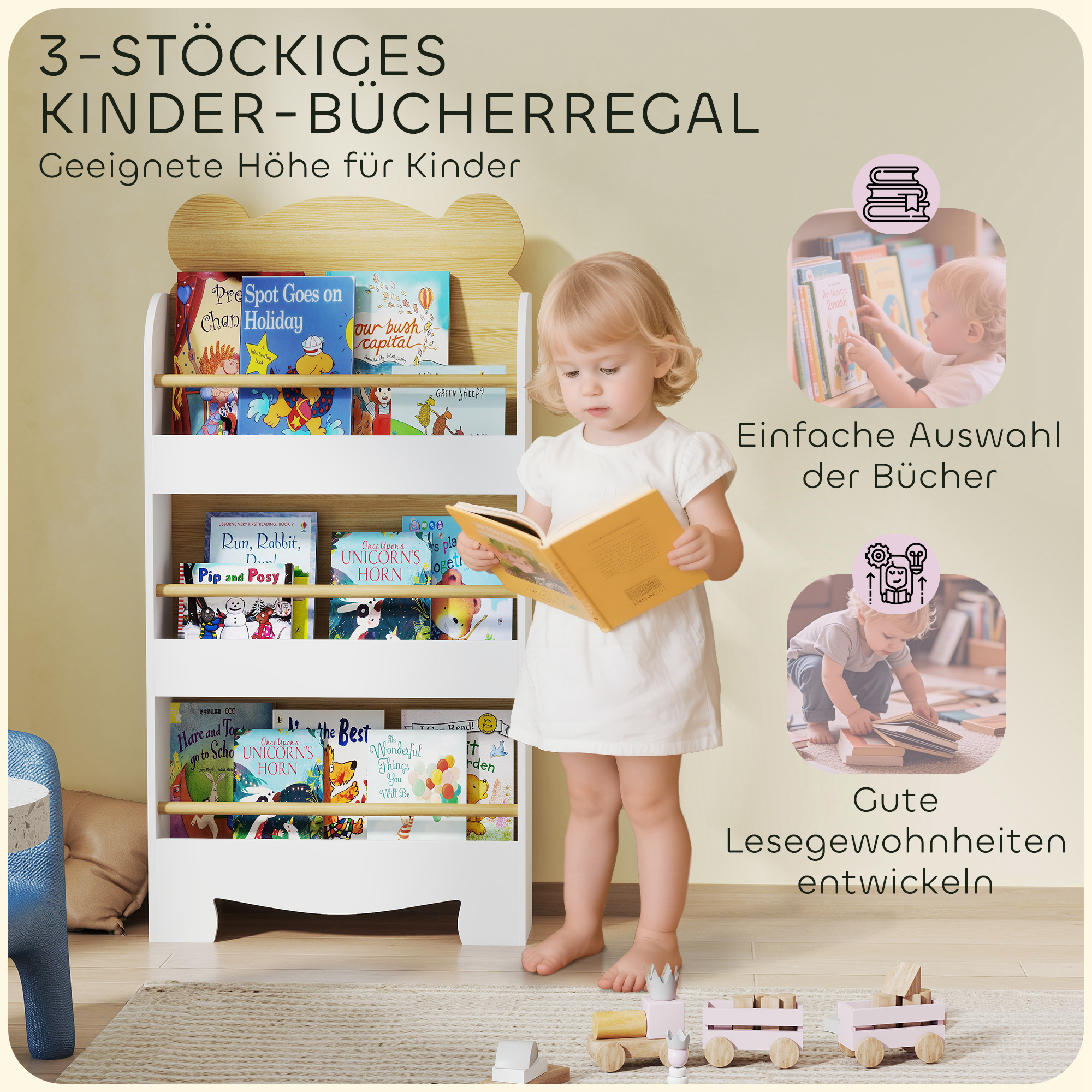 Kinderbücherregal Mit 3 Regalböden, Holz, 55x15x110 Cm, Naturholz.