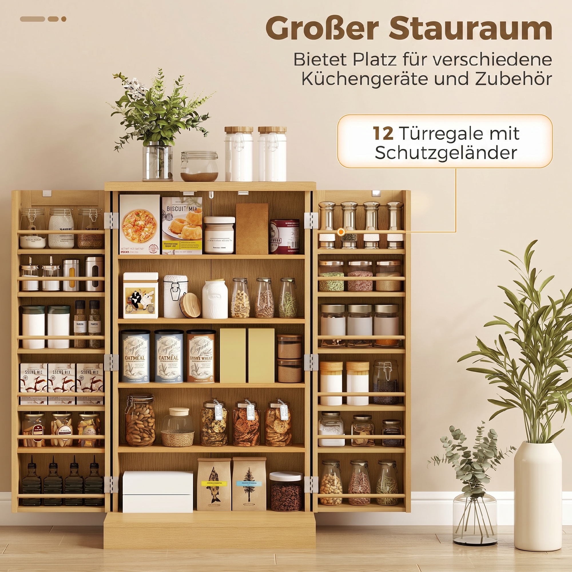 104 Cm Breiter Küchenschrank Aus Rattan Mit 5-stufigem Regal, 12 Gewürzfächern Und Verstellbaren Einlegeböden, Naturfarbe.