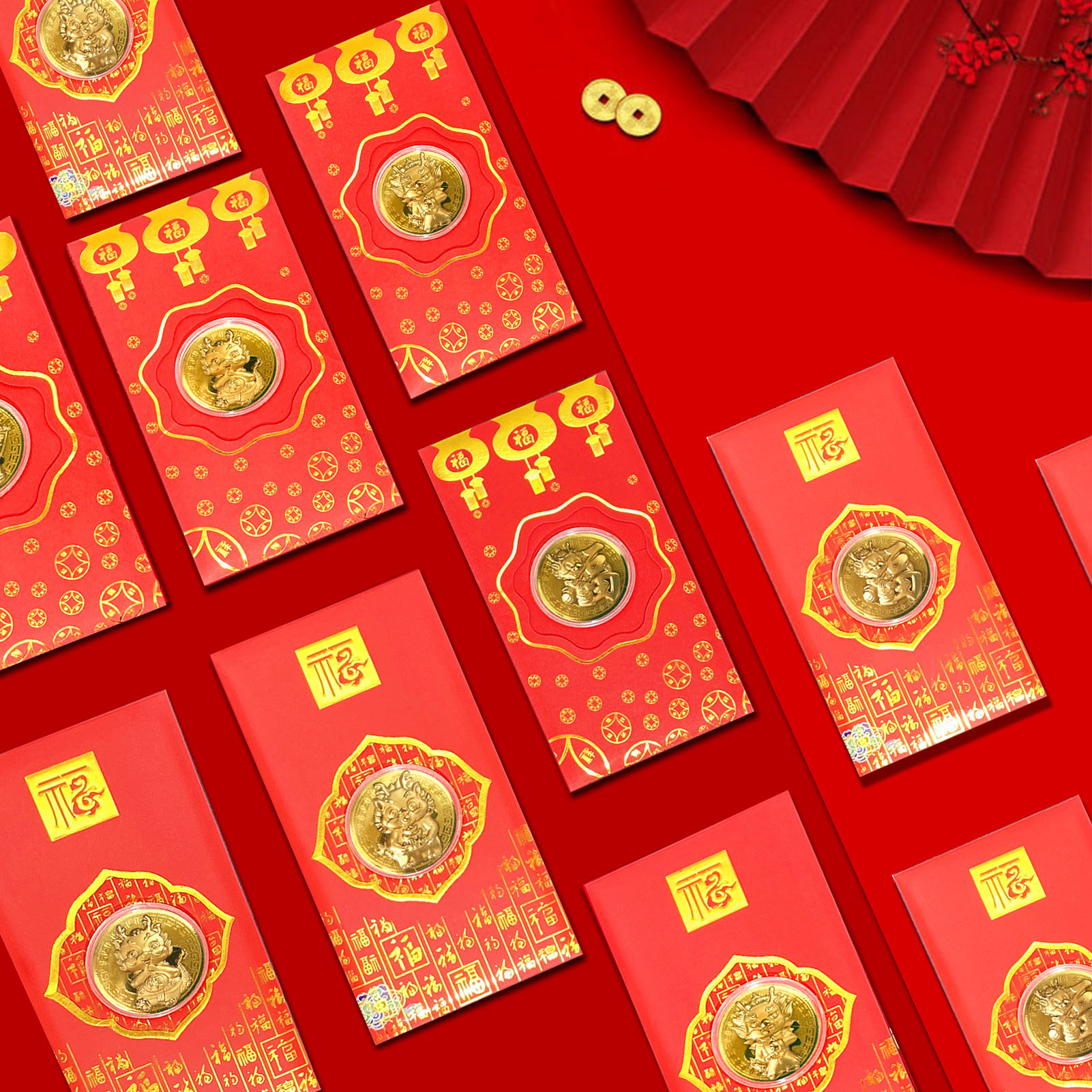 Chinesischer Roter Umschlag, Jahr Des Drachen, Blattgold, Glücksbringer Für Das Chinesische Neujahr (frühlingsfest).