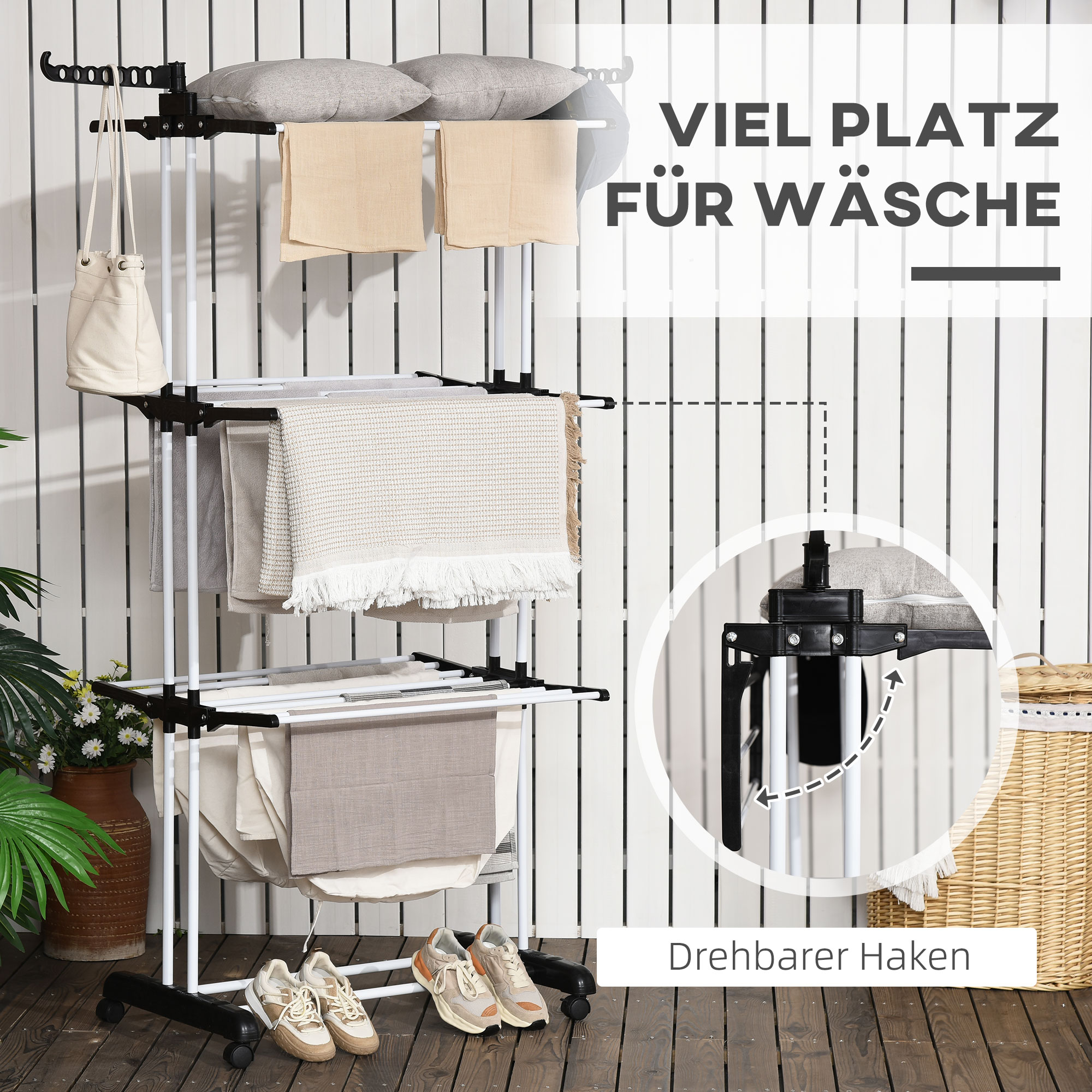 Wäschetrockner, 4 Ebenen, Faltbar, 4 Räder Mit 2 Bremsen, Metallrahmen, Schwarz, 73 X 64 X 177 Cm.