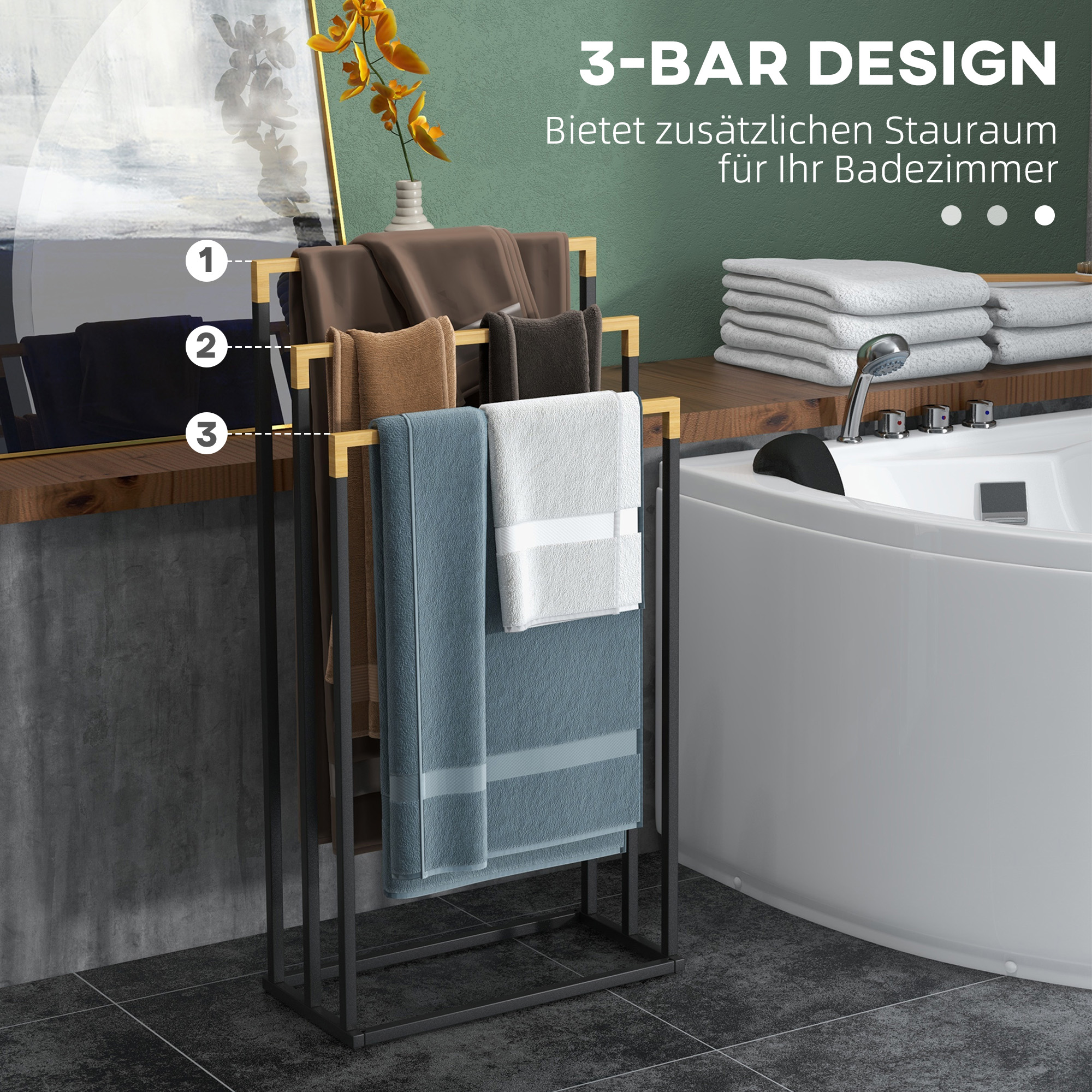 Set Mit 3 Beheizten Handtuchhaltern, Industriedesign, Bambus, 45 X 22,5 X 86 Cm, Schwarz + Natur