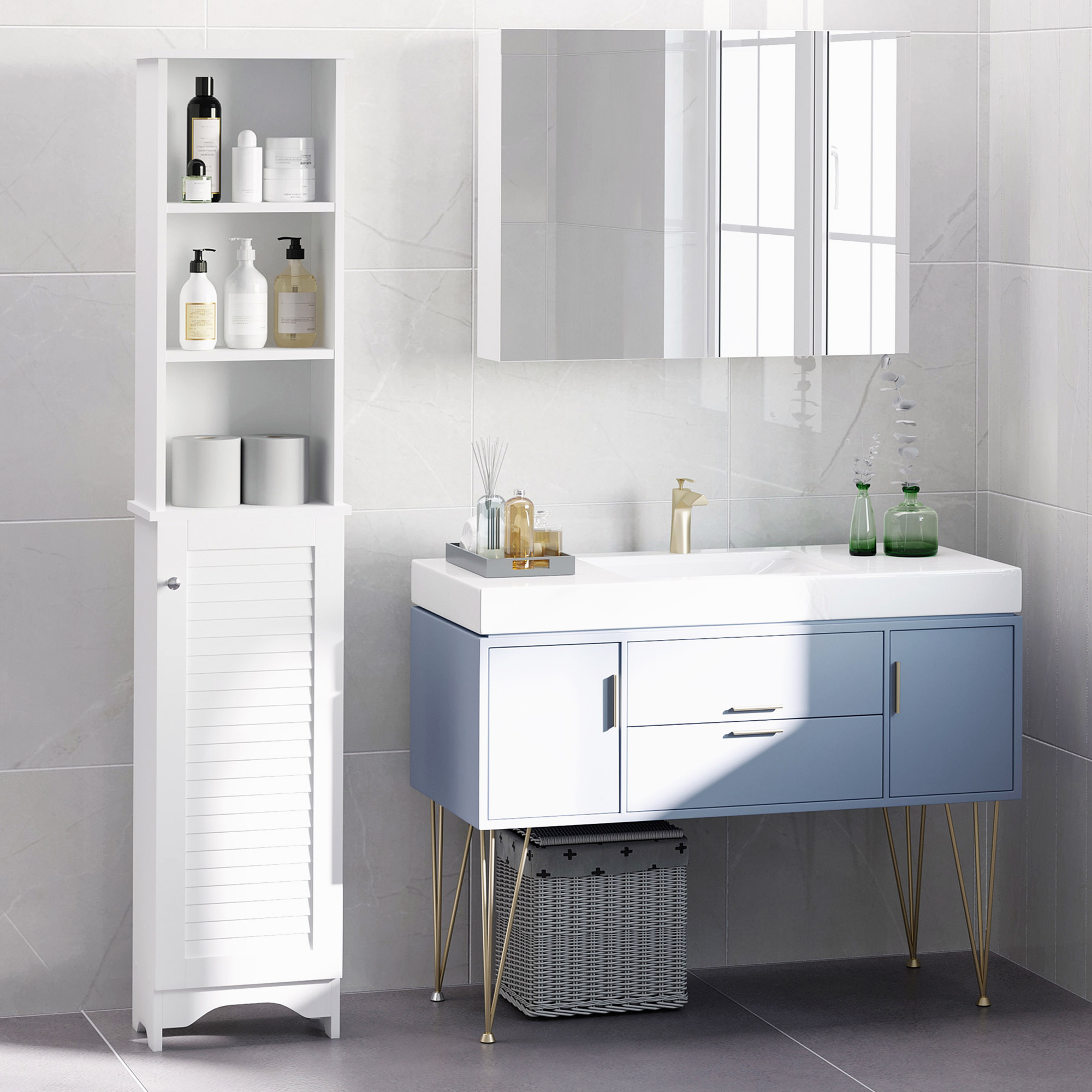 Badezimmer-säulenschrank Mit 3 Nischen, Lamellentüren, 3 Regalböden, Aus Mdf-spanplatte, Weiß.