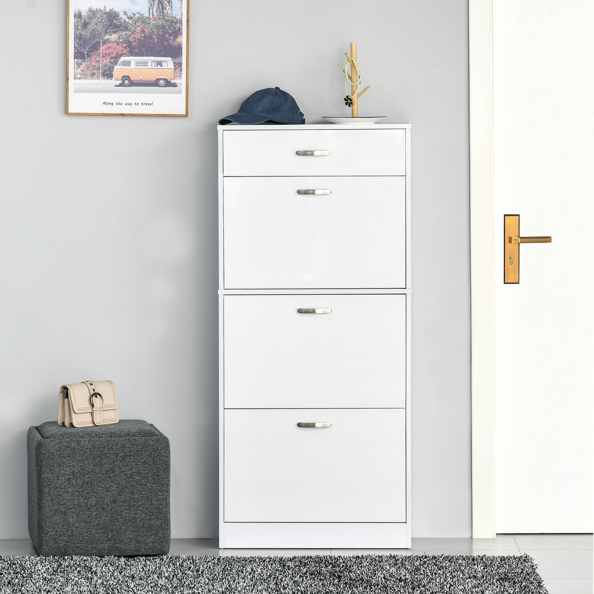 Schuhschrank Mit 3 Falttüren Und Schubladen – Maße: 62 Cm (b) X 24 Cm (t) X 135 Cm (h) – Aluminiumgriffe. Aus Weißer Spanplatte.