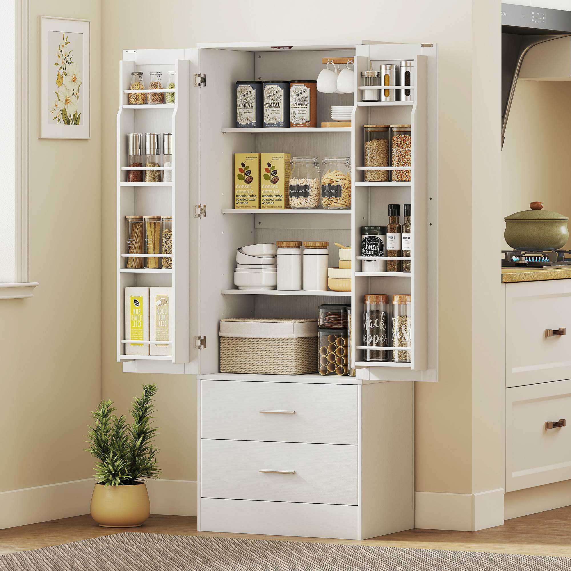 Hohes Küchen-sideboard, Küchenschrank Mit 2 Türen, 8 Gewürzregalen, 2 Schubladen, Verstellbaren Einlegeböden, 60 X 40 X 159 Cm, Weiß