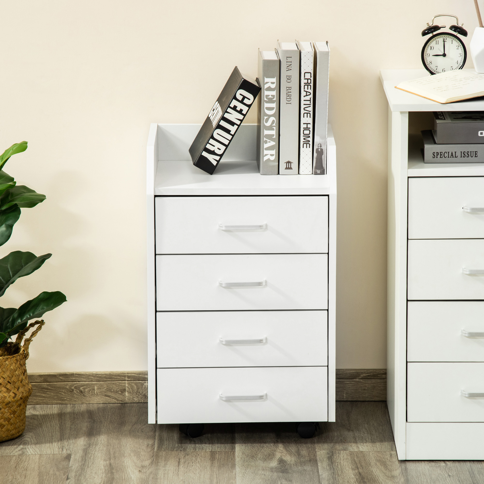 Büroschrank Mit Rollen, 4 Schubladen, Aus Mdf Und Spanplatte, Maße: 40 Cm (breite) X 36 Cm (tiefe) X 65 Cm (höhe), Weiß.