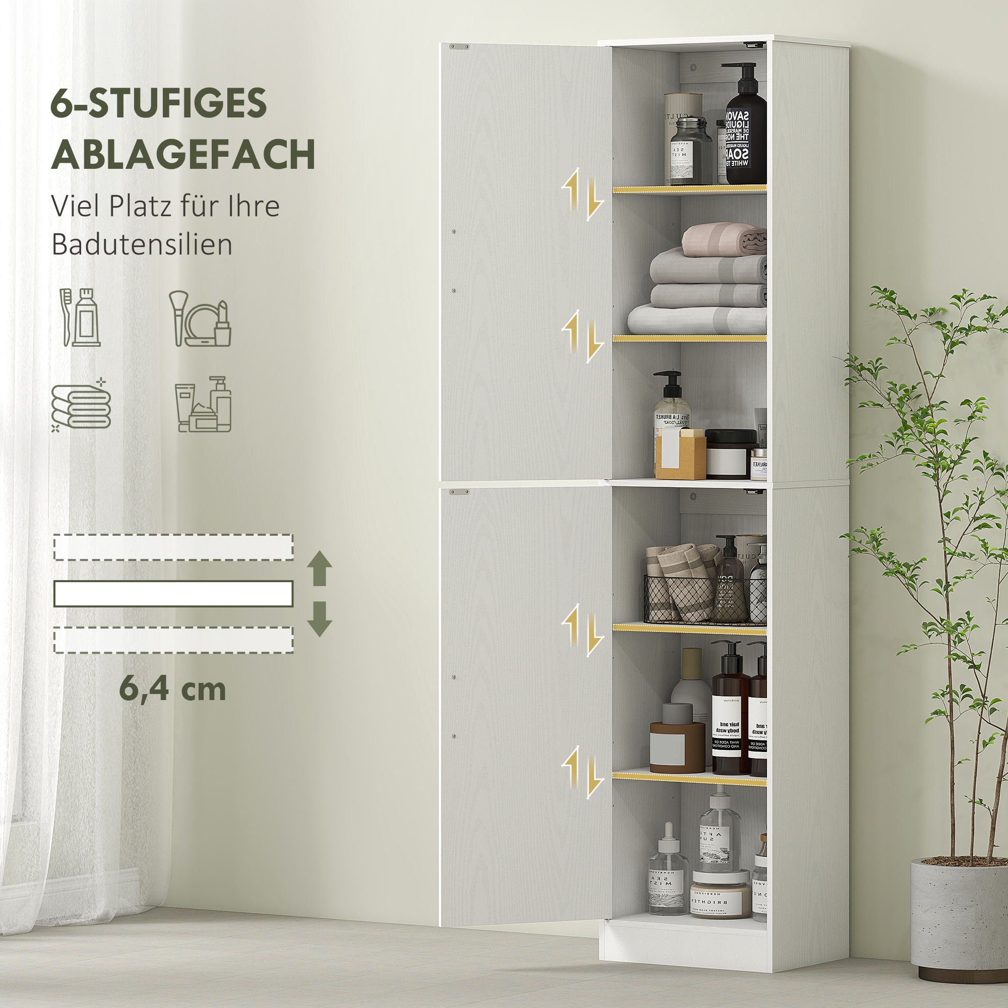 Badezimmerschrank, Höhe 180 Cm, Schmaler Badezimmerschrank Mit 2 Türen, 4 Verstellbare Einlegeböden, Spanplatte, Mdf, Weiß.