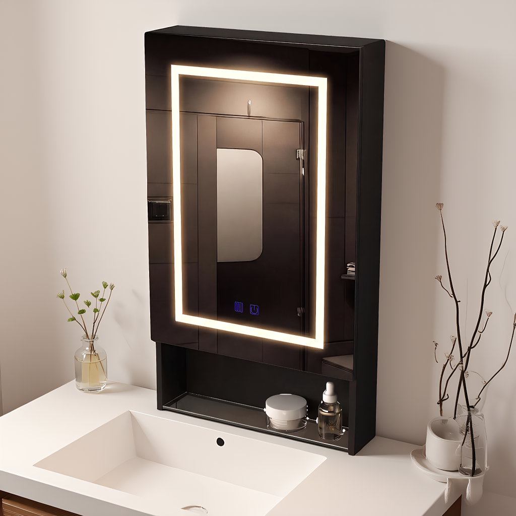 Eintür-spiegelschrank Mit Spiegel Und Unterer Ablage 50 X 88 Cm, Badezimmerschrank Mit Led-beleuchtung, Moderner Badspiegel Mit Touch-schalter Und 3 Einstellbare Lichtfarben, Beschlagfrei, Schwarz