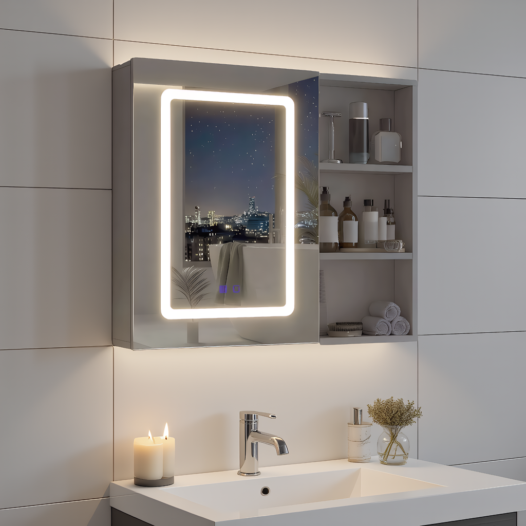 Eintür-spiegelschrank Mit Spiegel Und Ablagen 60 X 60 Cm, Badezimmerschrank Mit Led-beleuchtung, Moderner Badspiegel Mit Touch-schalter Und 3 Einstellbare Lichtfarben, Beschlagfrei, Weiß