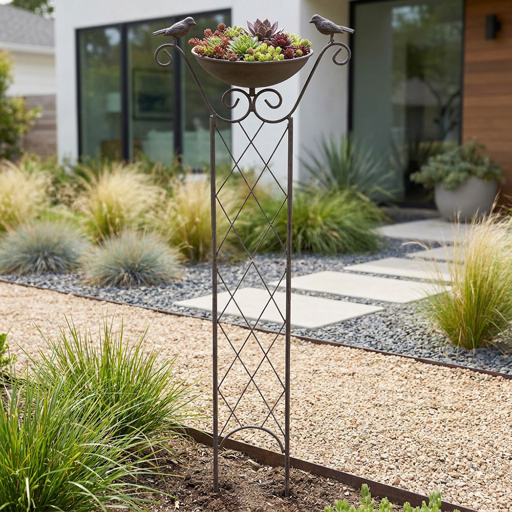 Pflanzschale Blumentopf Garten Rankhilfe Vogelskulptur Braun Metall H 82cm