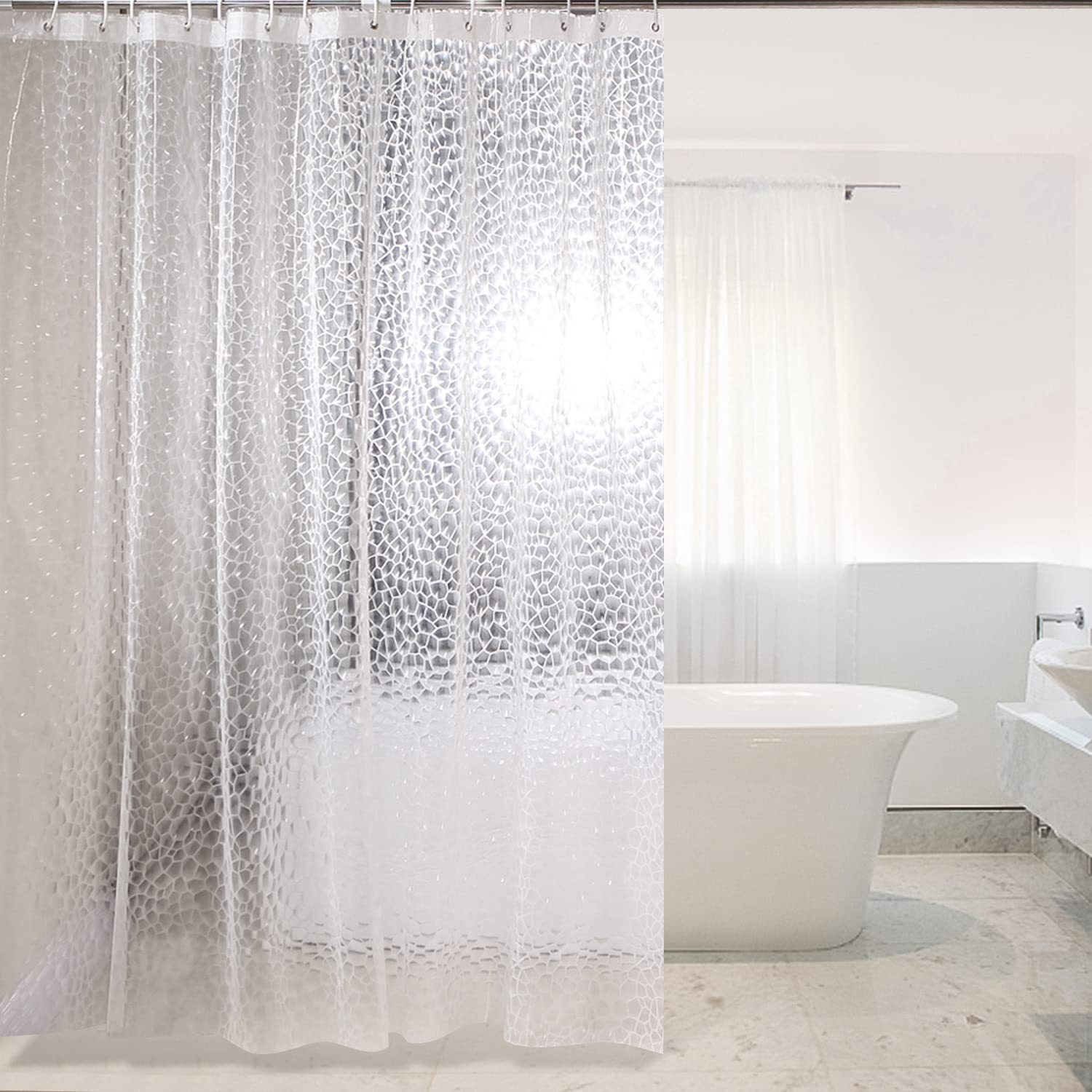 Anti-schimmel-duschvorhang 180 X 200 Cm, Halbtransparent, Eva, Wasserdicht, Waschbar, 3d, Mit 12 Ringen, Pvc-frei.