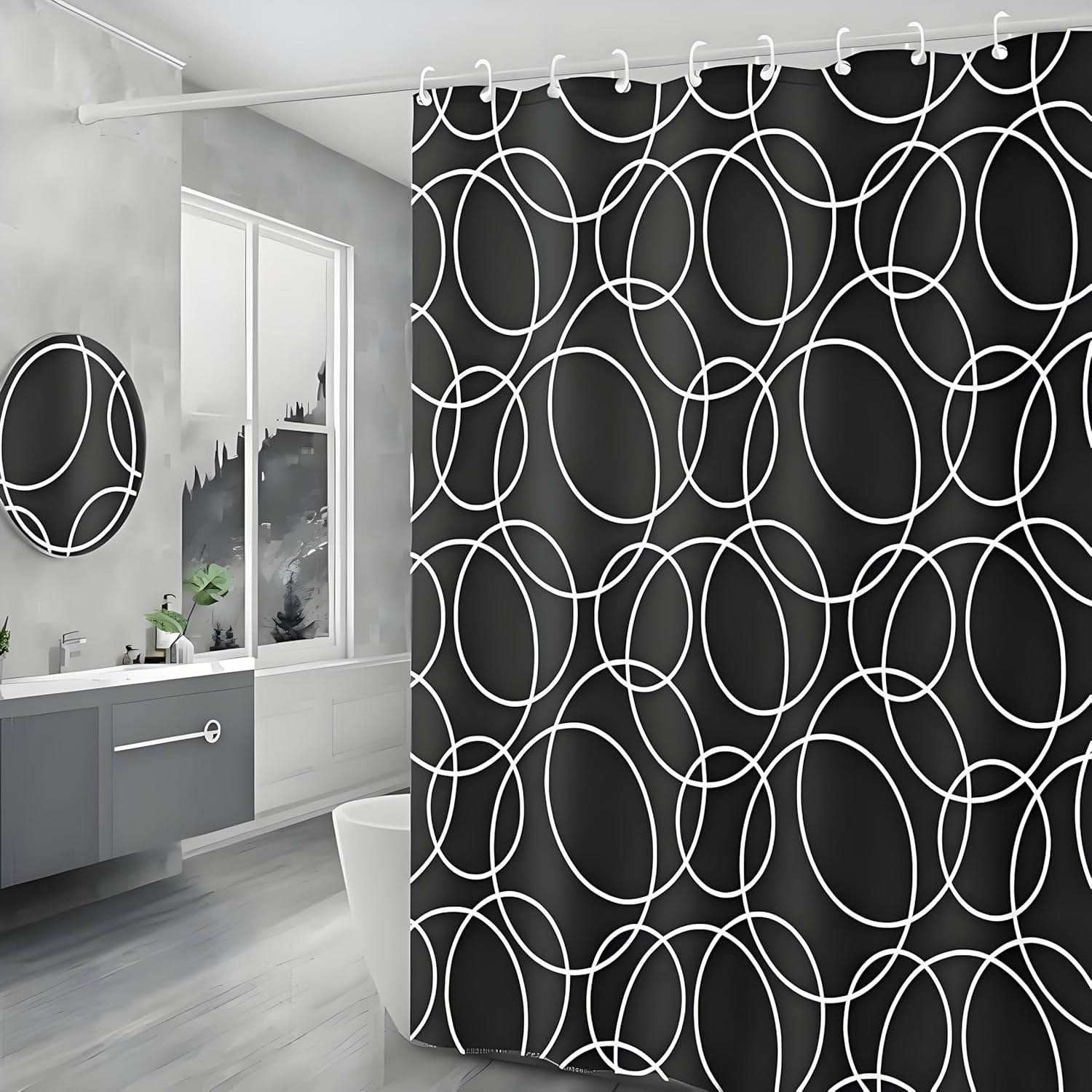 Wasserdichter Und Schimmelresistenter Duschvorhang Aus Polyester, 180 X 180 Cm – Kreismuster – Schwarz-weiß-farbverlauf