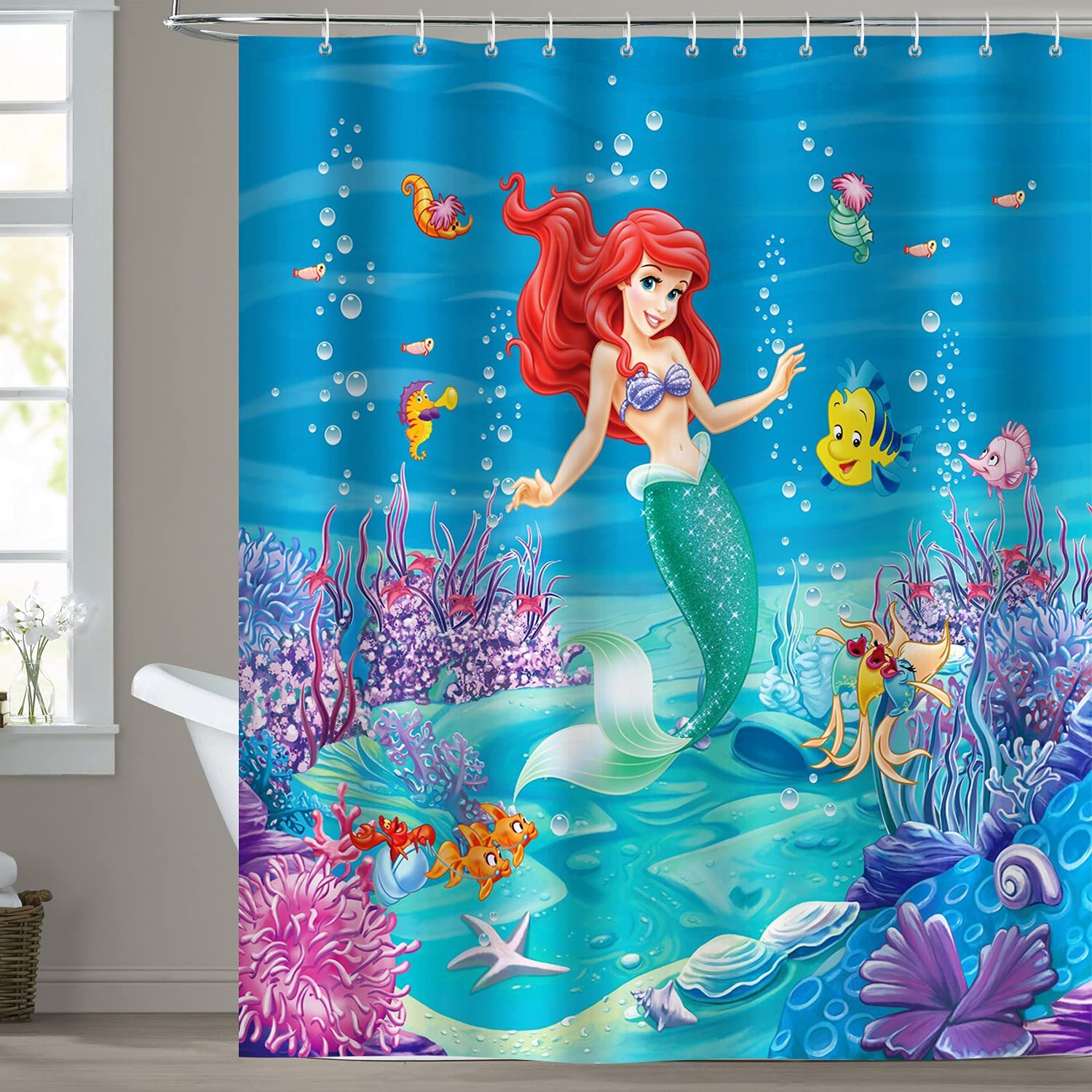 Duschvorhang „die Kleine Meerjungfrau“ (180 X 180 Cm), Polyester, Schimmelresistent, Wasserdicht, Waschbar, Mit 12 Duschringen.
