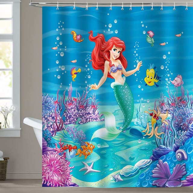 Duschvorhang „die Kleine Meerjungfrau“ (180 X 180 Cm), Polyester, Schimmelresistent, Wasserdicht, Waschbar, Mit 12 Duschringen.