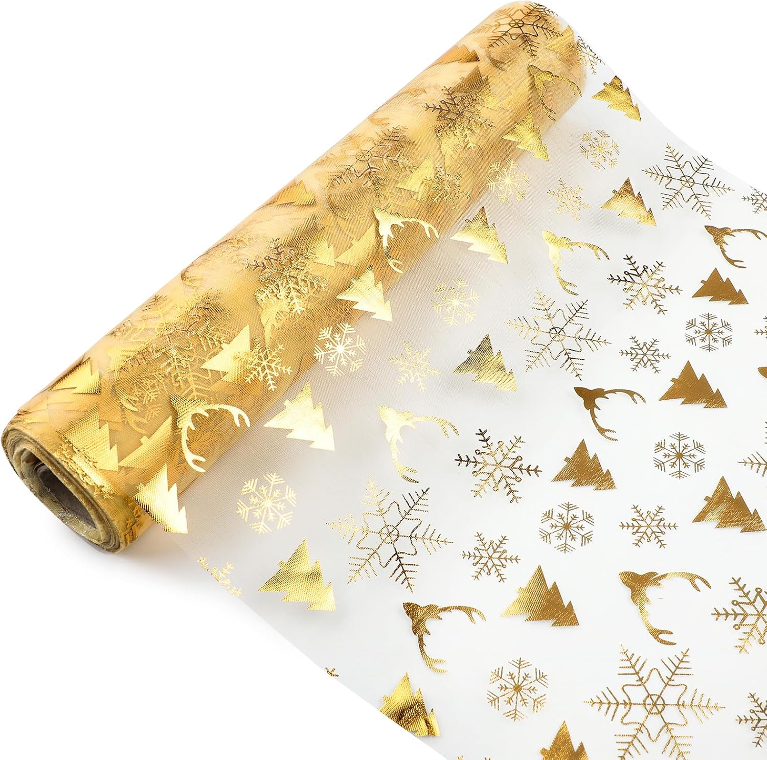Goldener Tischläufer 28 Cm X 2,75 M, Glänzender Goldtüll, Mit Metallisch-goldenem Blattgold Verziert, Ideal Für Hochzeiten, Partys, Geburtstage Und Weihnachten.