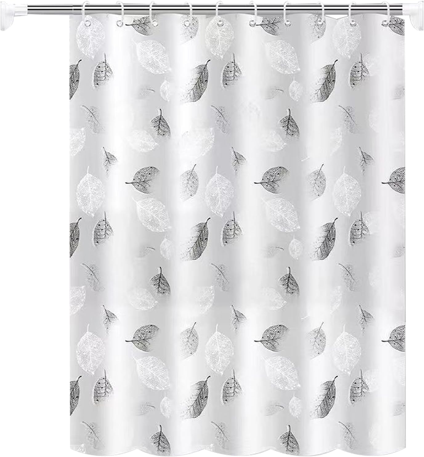 Duschvorhang Für Badezimmer, 180 X 200 Cm, Grau, Schimmelresistent, Mit Weißem Blattmuster, Nass- Und Trockenbereich Getrennt, Mit 12 Vorhanghaken