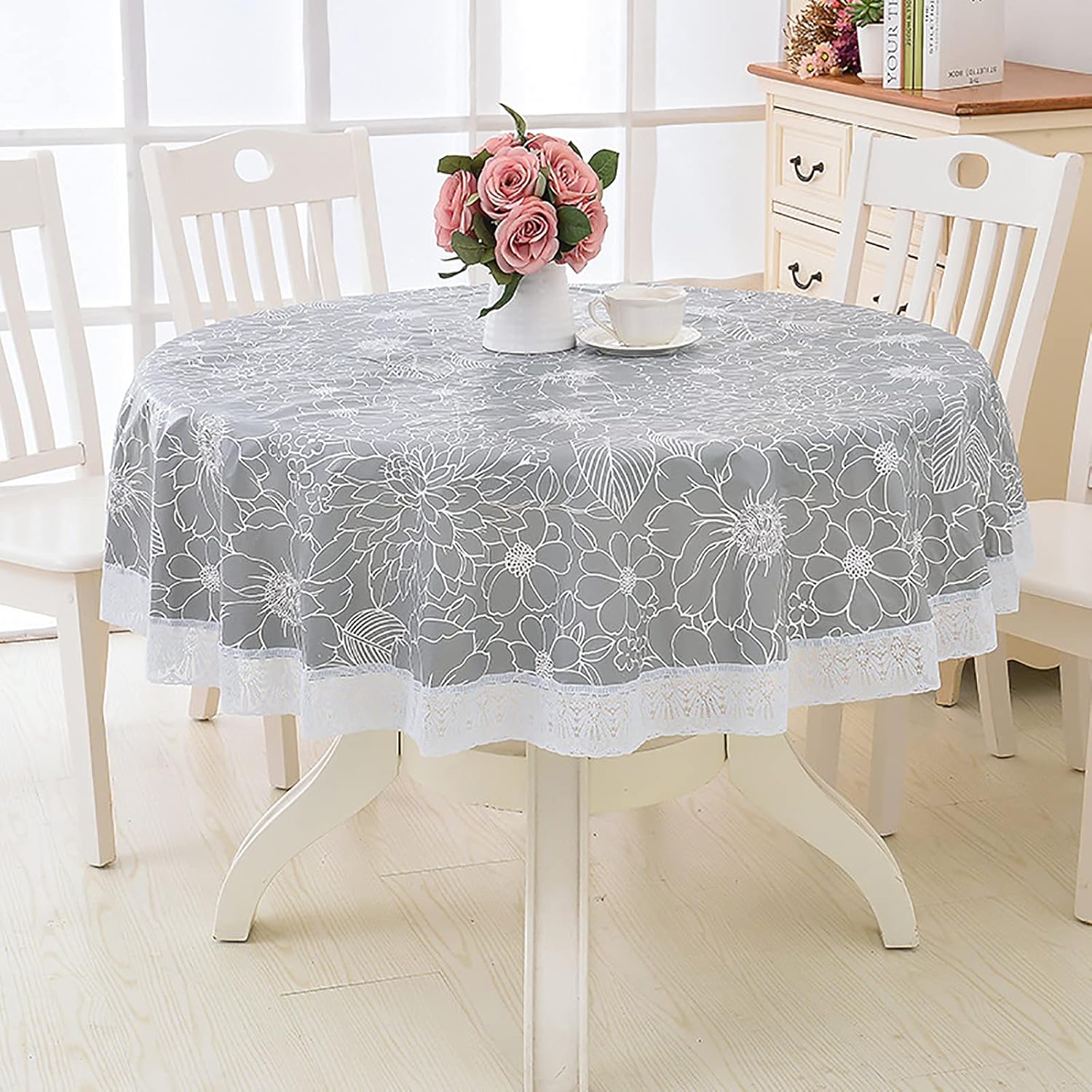 Runde Pvc-wachstuchtischdecke (180 Cm Durchmesser) Mit Blumen- Und Spitzenmuster, Fleckenabweisend Und Wasserdicht, Für Esszimmer, Garten, Café Und Partys