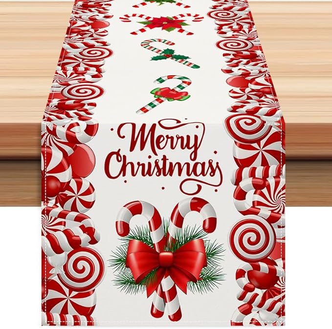 Roter Und Weißer Tischläufer Aus Leinen Mit Zuckerstangenmotiv, 183 Cm Lang, Für Winter, Weihnachten, Feiertage, Im Landhausstil, Rot