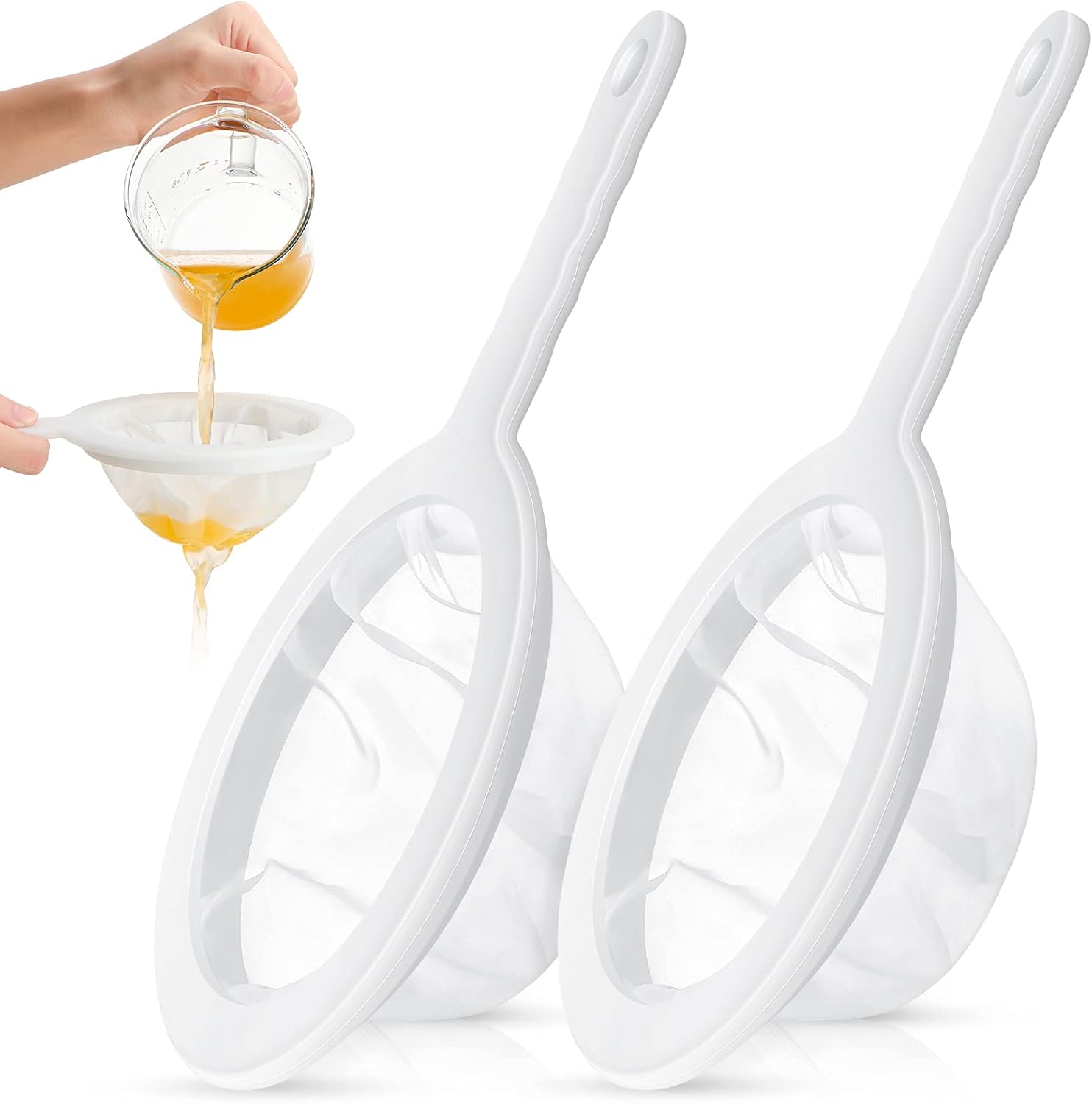 Set Aus 2 Feinmaschigen Sieben: Nylon-joghurtsieb, Ultrafeines Kunststoffsieb, Mini-saftsieb, Weißes Honigsieb Mit Griff Für Milch, Soja Und Wein.