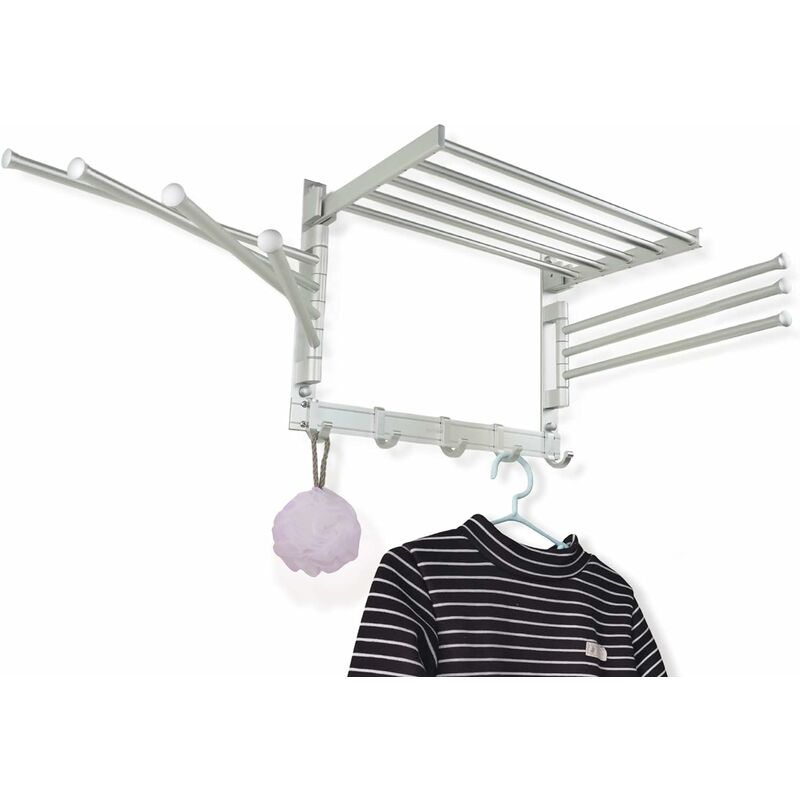 Zusammenklappbarer Wäscheständer - Schwenkbarer, Wandmontierter Handtuchhalter - Mit Haken Und Schwenkarmen - Platzsparend In Waschküche Und Badezimmer - Aluminium (silber, Klein/40 Cm)