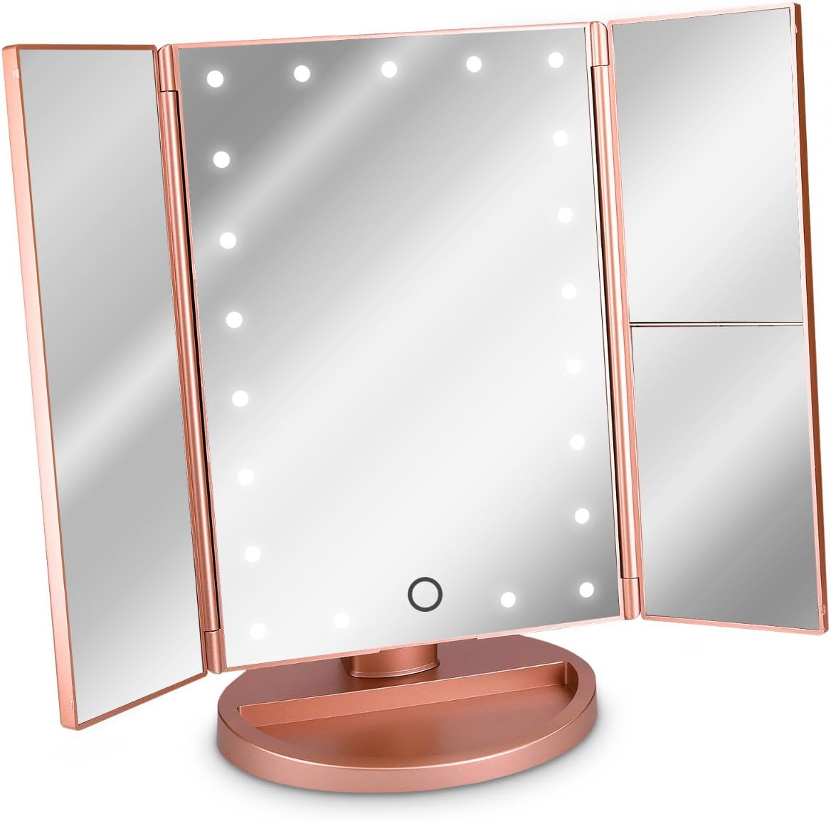 Dreiseitiger, Led-beleuchteter Standspiegel – Klappbarer Kosmetikspiegel Mit 2- Und 3-facher Vergrößerung – Batterie- Oder Usb-betrieb – Roségold