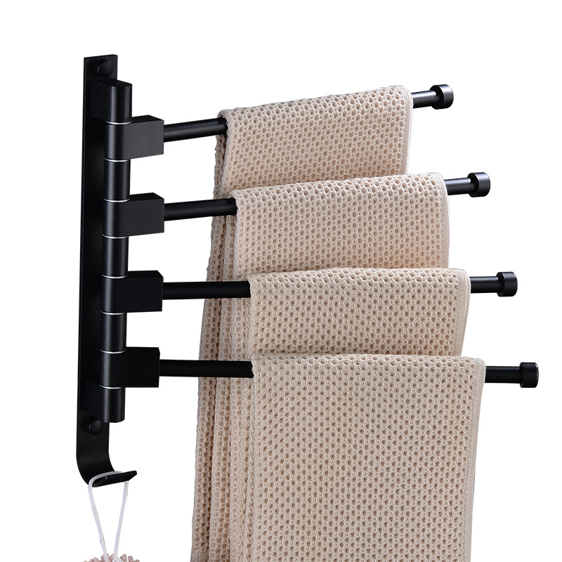 Schwenkbarer, Wandmontierter Handtuchhalter Fürs Badezimmer – Platzsparende Drehhalterung – 4 Arme – Schwarz