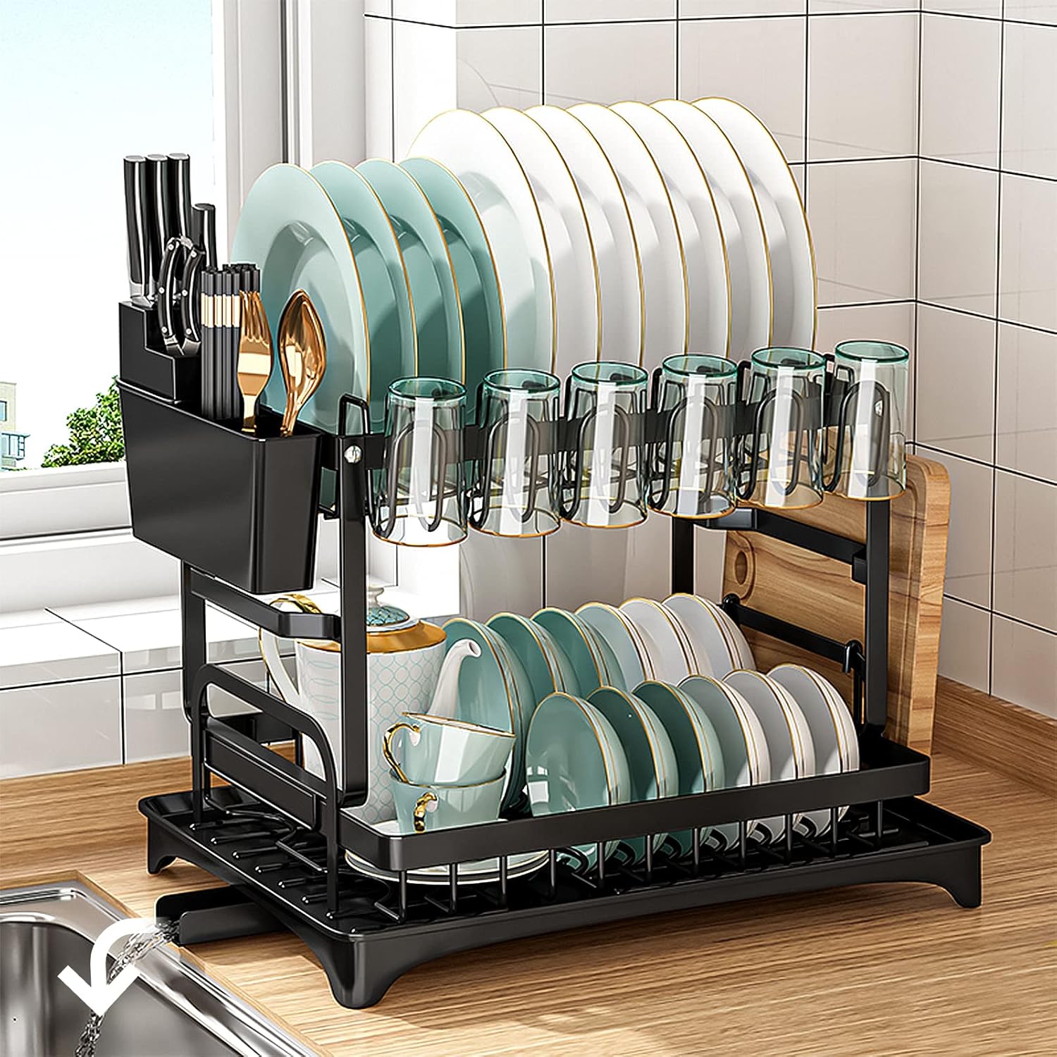 Ineasicer 2-stöckiger Geschirrständer Aus Schwarzem Edelstahl Mit Abtropfschale, Trockengestell Und Automatischer Abtropfvorrichtung.