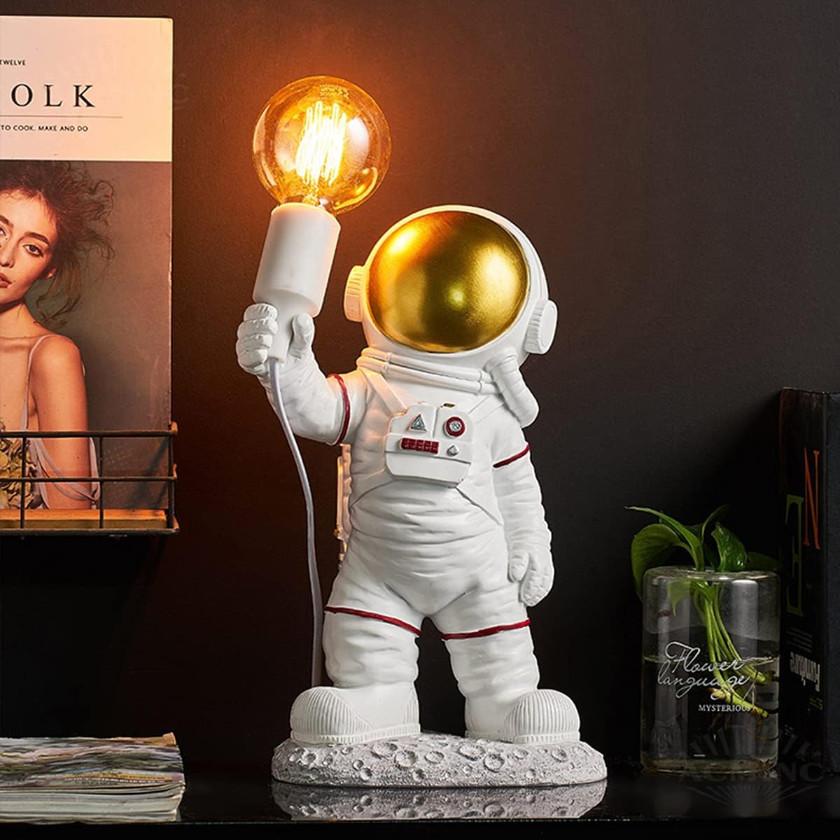 Astronauten-nachttischlampe Für Kinder, Moderne Led-schreibtischlampe Mit Stecker, Für Jungen Und Mädchen, E27-fassung, Weiß Und Gold, Höhe 39 Cm