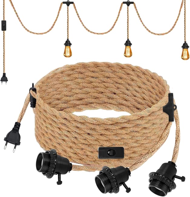 E27-fassung Mit Geflochtenem Hanfseilkabel – Vintage-diy-pendelleuchte, 6,8 M, Inklusive Schalter, Leuchtmittel Nicht Enthalten