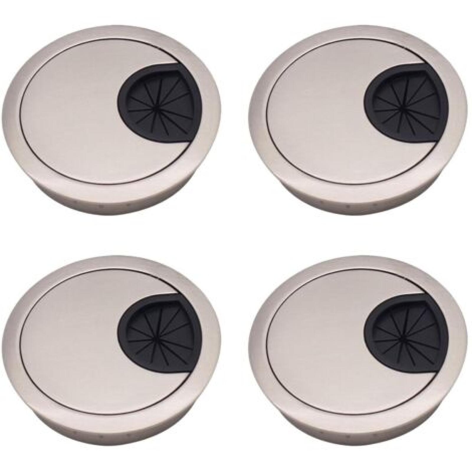 Set Mit 4 Kabeldurchführungen Aus Zinklegierung, 53 Mm – Vertiefte Abdeckungen In Gebürstetem Silber – Für Schreibtische Und Arbeitsplatten
