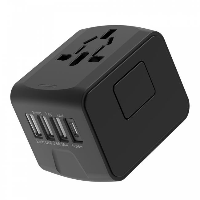 18-watt-universal-reiseadapter, 3 Usb-anschlüsse + 1 Typ-c-anschluss, Standardstecker, Schwarz.