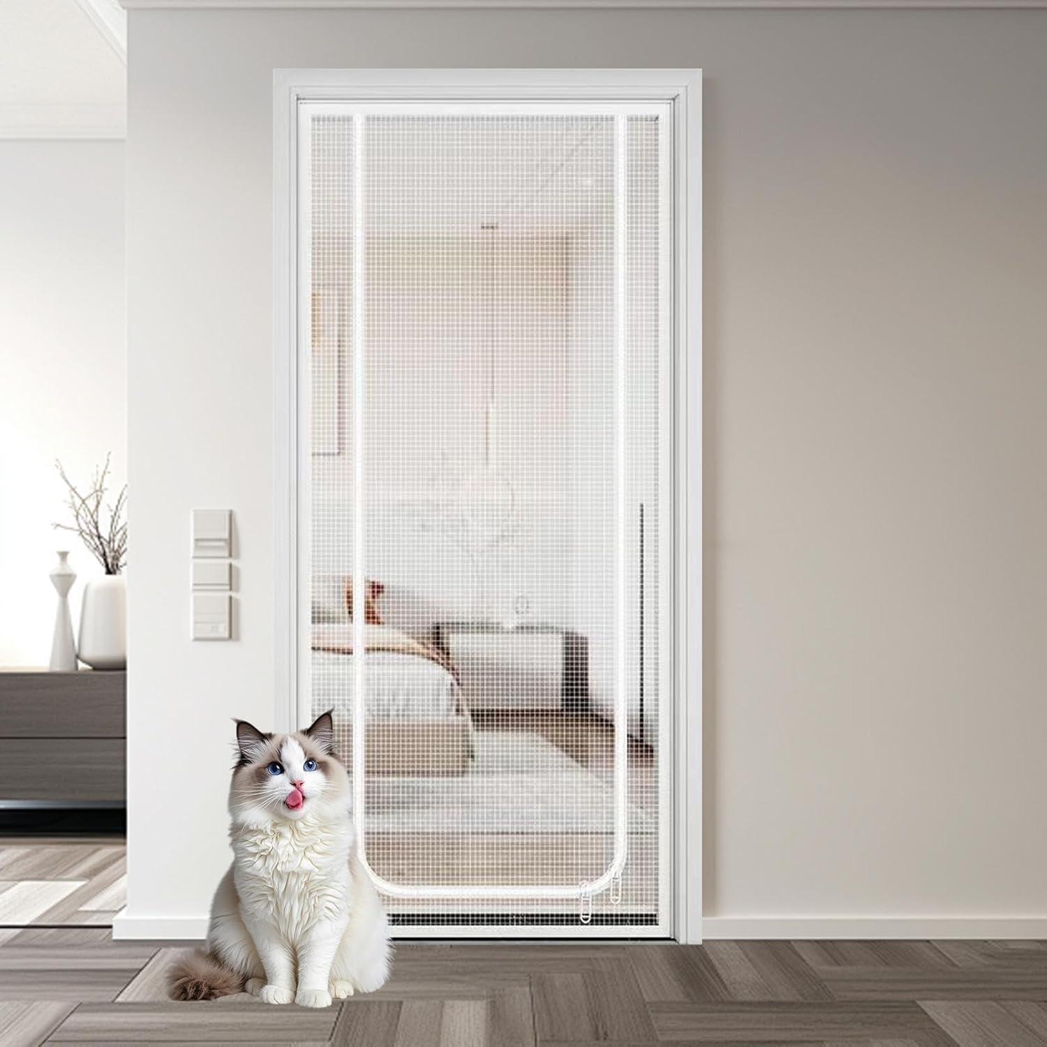 Katzenschutzgittertür, Moskitonetz Zum Schutz Vor Katzen, U-förmiger Katzenschutzvorhang, 95 X 200 Cm, Weiß
