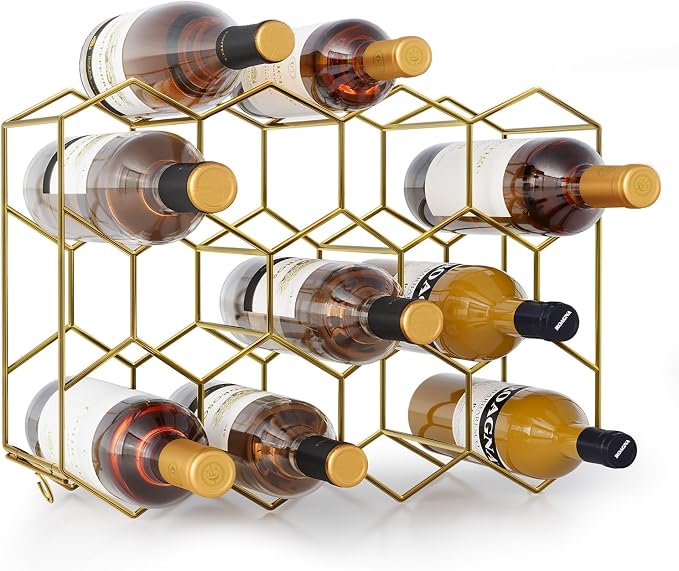 Weinregal Aus Goldenem Metall, Flaschenhalter Für 14 Flaschen Und 2 Weingläser, Kleines Flaschenregal 43 X 13,6 X 31 Cm, Flaschenhalter Für Küche, Bar, Weinkeller