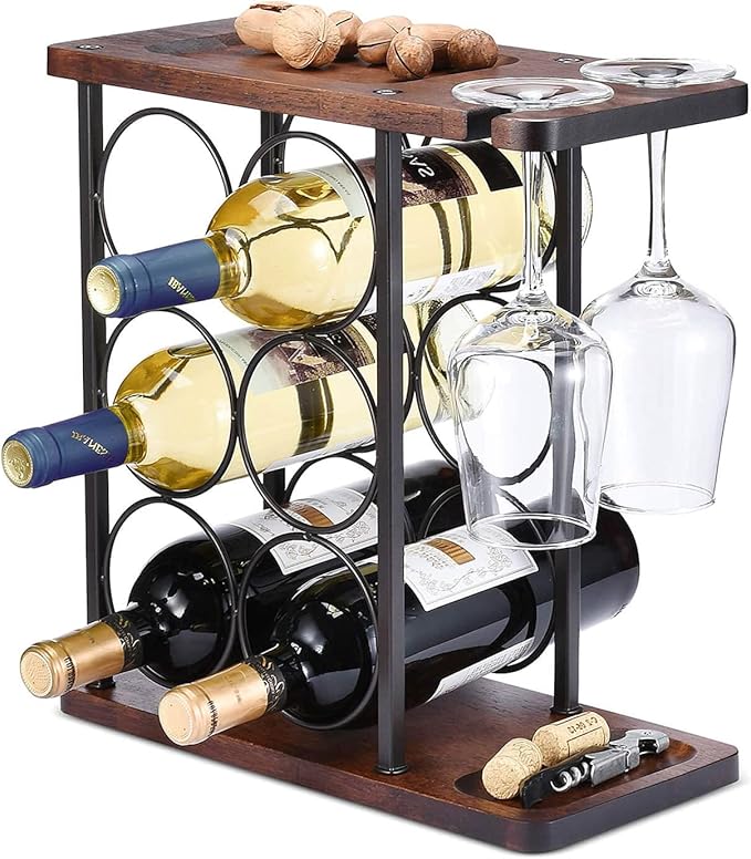 Weinregal Mit Glashalter, Tischweinregal, Zur Dekoration Und Aufbewahrung In Der Küche (bietet Platz Für 6 Flaschen Und 2 Gläser)