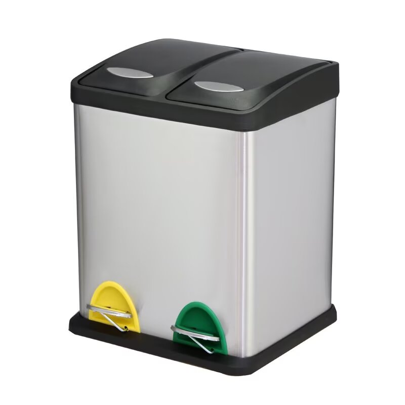 Doppelter Küchenabfalleimer, Recyclingbehälter, Treteimer, Metall, 16 L, Mit Deckel, Stahl, Silber