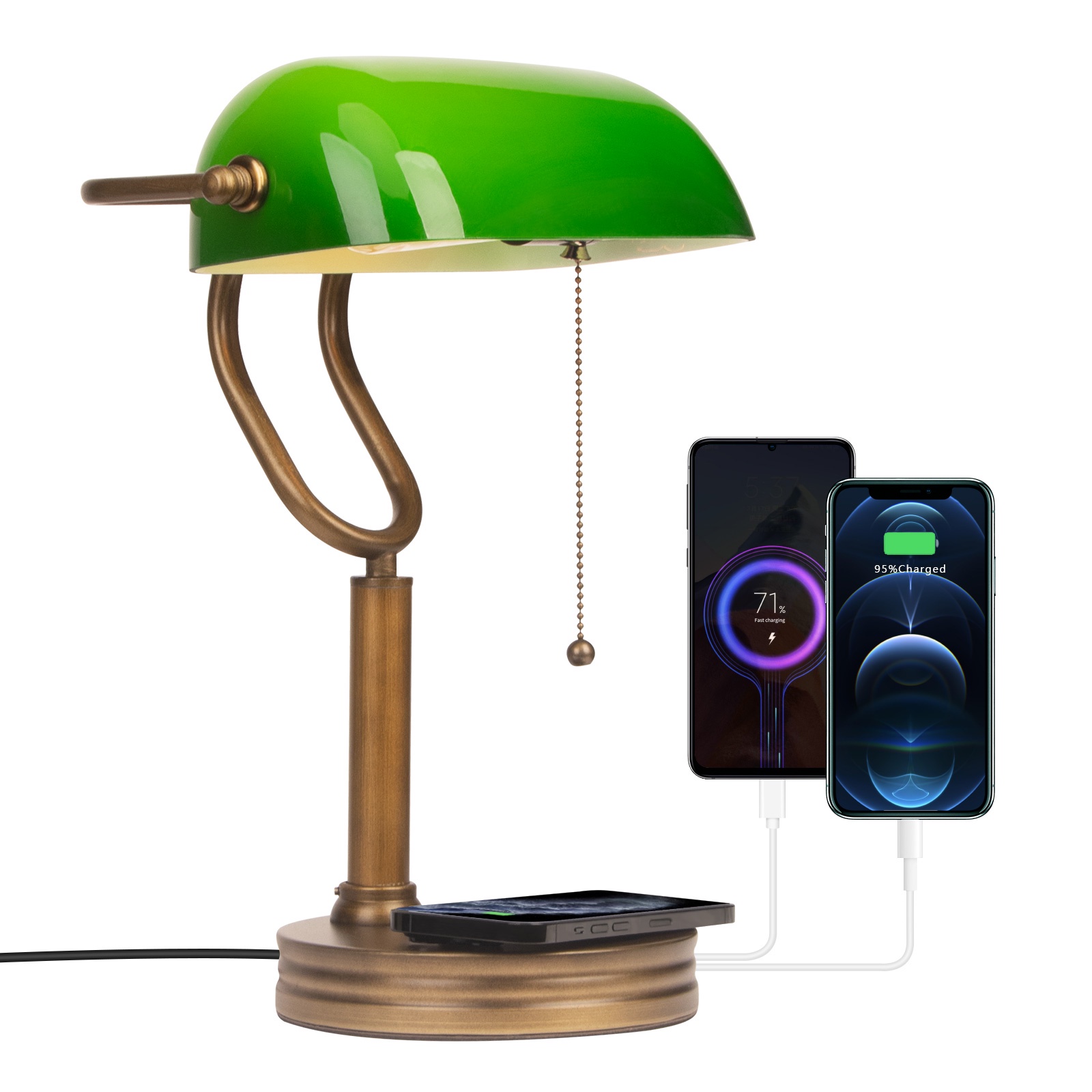 Jcpyiul Grünes Glas Banker Tischleuchte, Klassische Tischleuchte, Retro Tischleuchte Mit Drahtlosem Usb-ladegerät, Bettkopfleuchte Mit Ladefunktion, Antike Metall Messing Reißverschluss Schalter(ohne