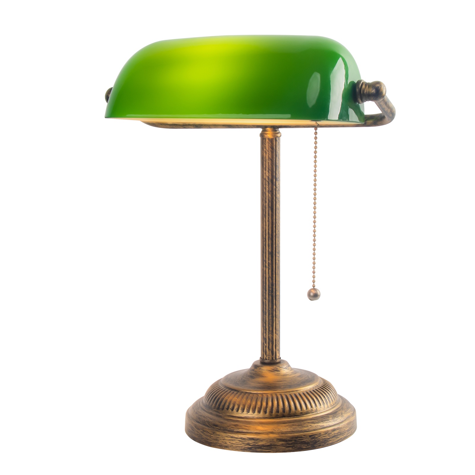 Jcpyiul Bank Tischleuchte Mit Reißverschlussschalter, Grüner Glasabdeckung, E27 Bronze-sockel, Retro-bücherregalleuchte Für Büro Und Schreibtisch