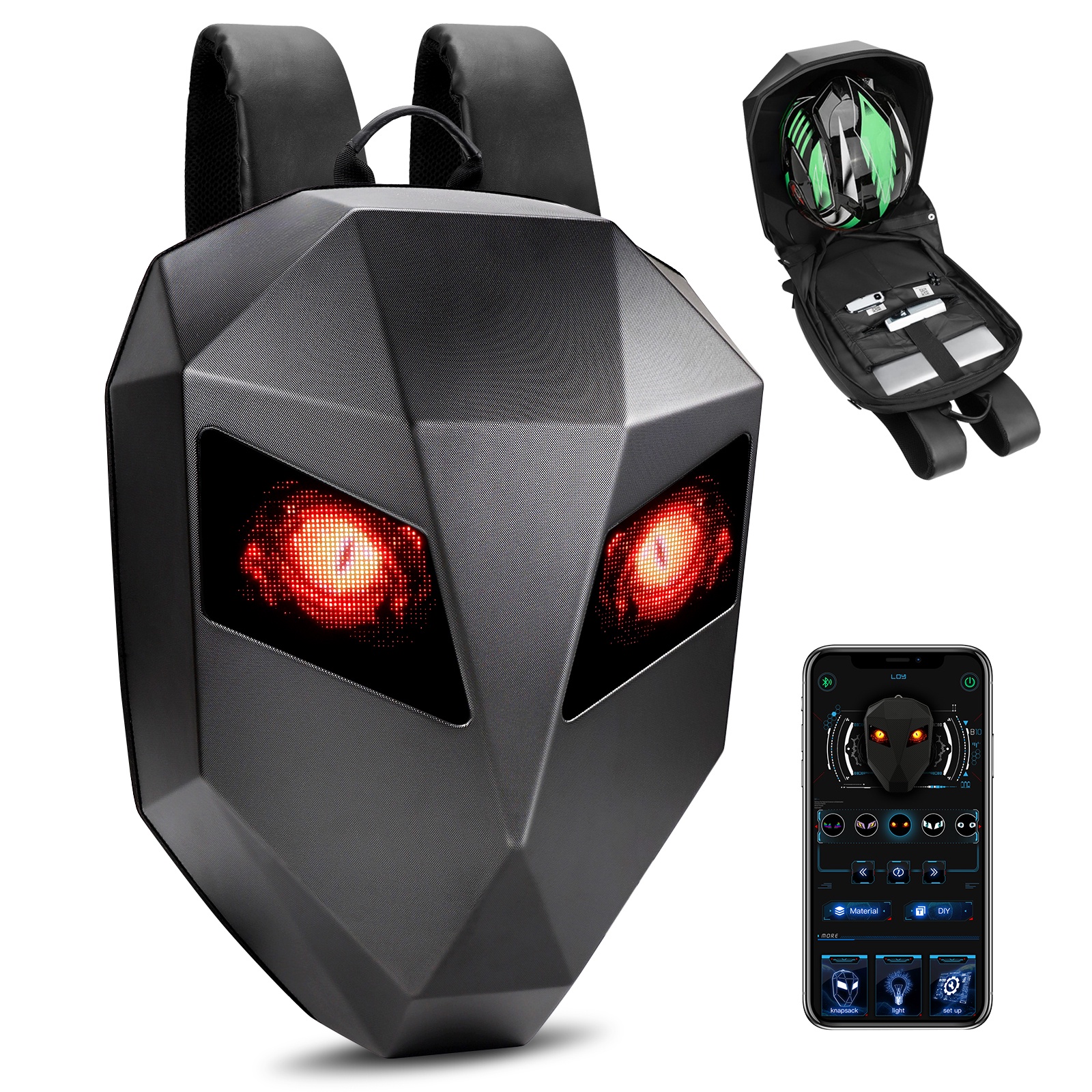 Jcpyiul Led Rucksack, Pixel Art Motorrad Rucksack, Dynamic App, Wasserdicht, Unterstützung Für Ios / Android, Led-display 3, Text / Bild / Animation, 3d Hardshell Rider Helm Tasche