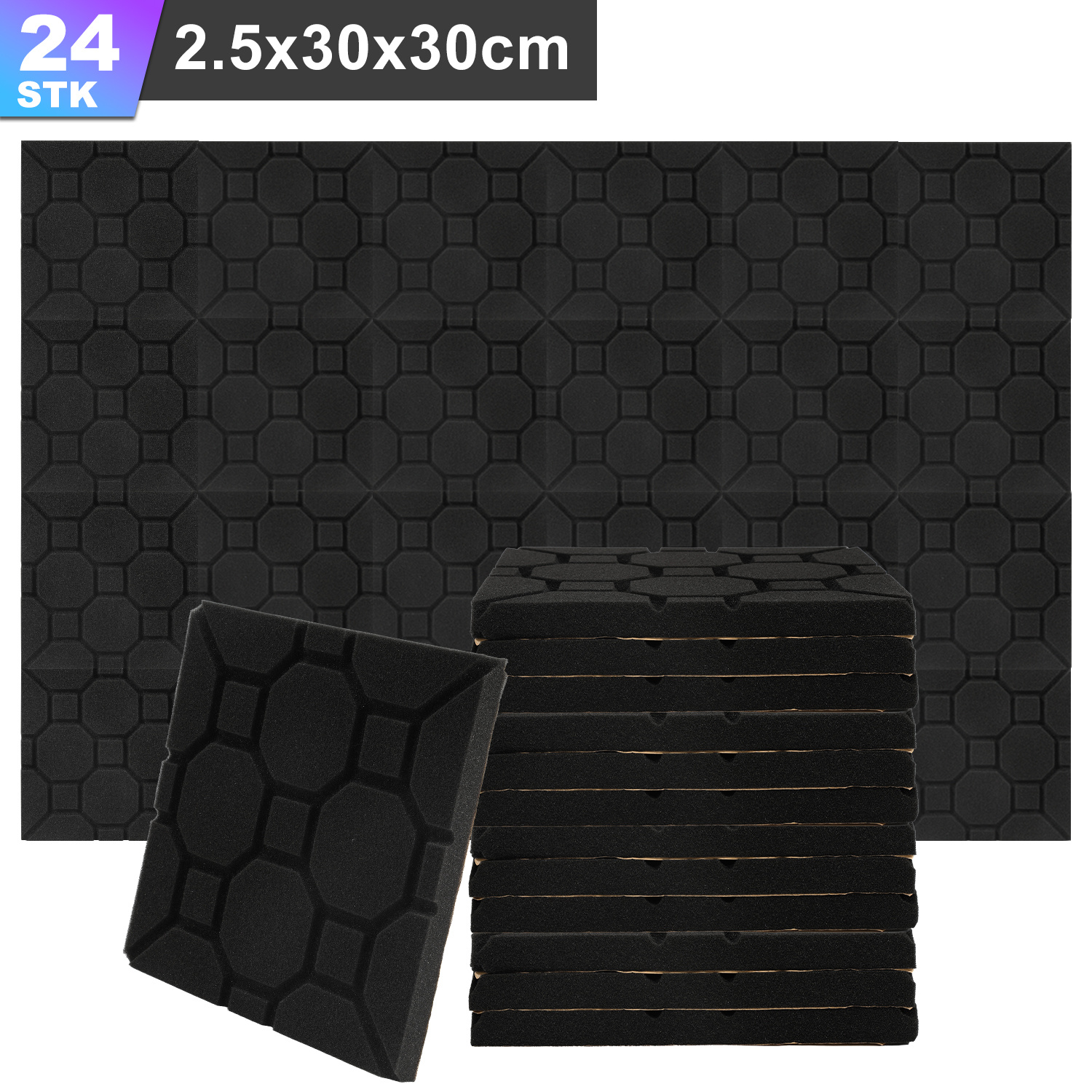 Jiubiaz 24 Stück Akustikschaumstoff Akustikschaum Matten 30 X 30 X 2.5cm Schalldämmmatten Zur Effektiven Schaumstoff Fliesen Würfelprofil Schwarz
