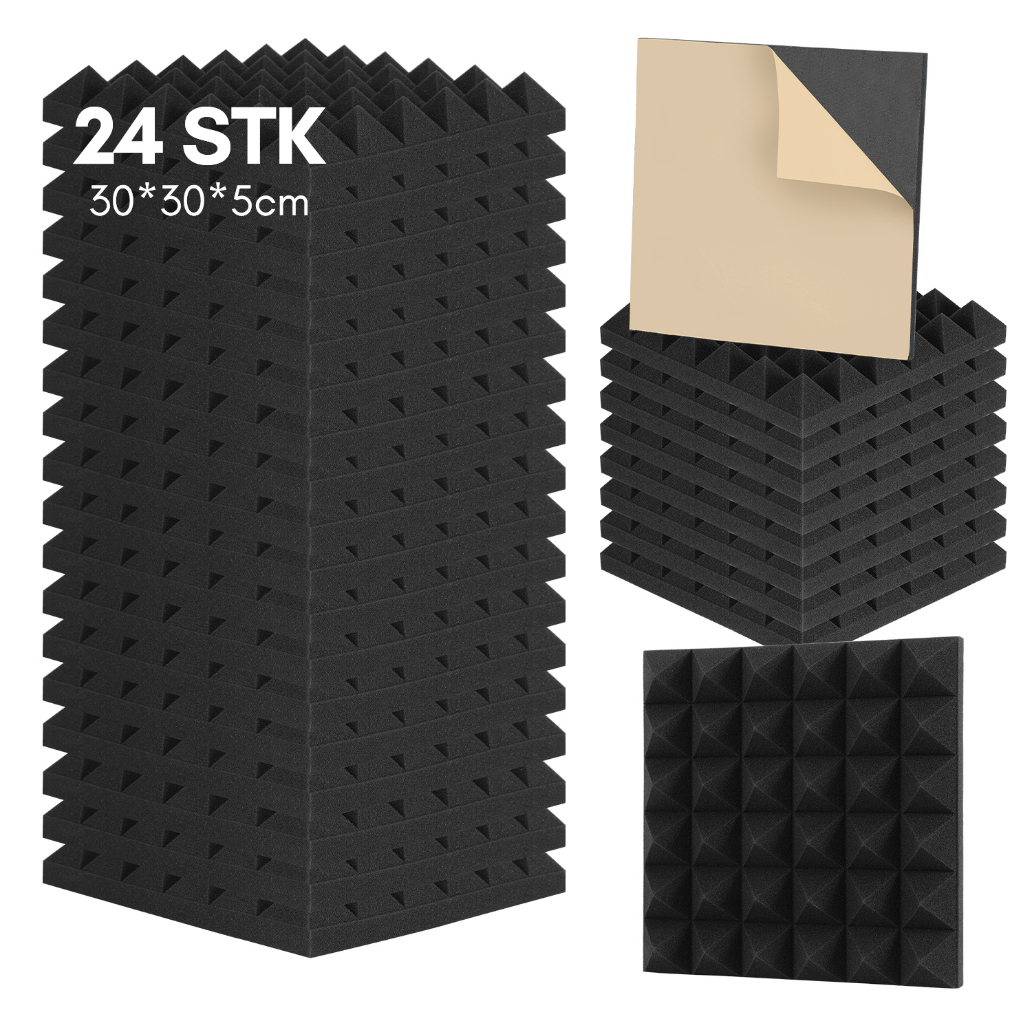 Jiubiaz 24 Stück Akustikschaumstoff Akustikschaum Matten 30 X 30 X 5cm Schalldämmmatten Zur Effektiven Schaumstoff Fliesen Pyramide Schwarz
