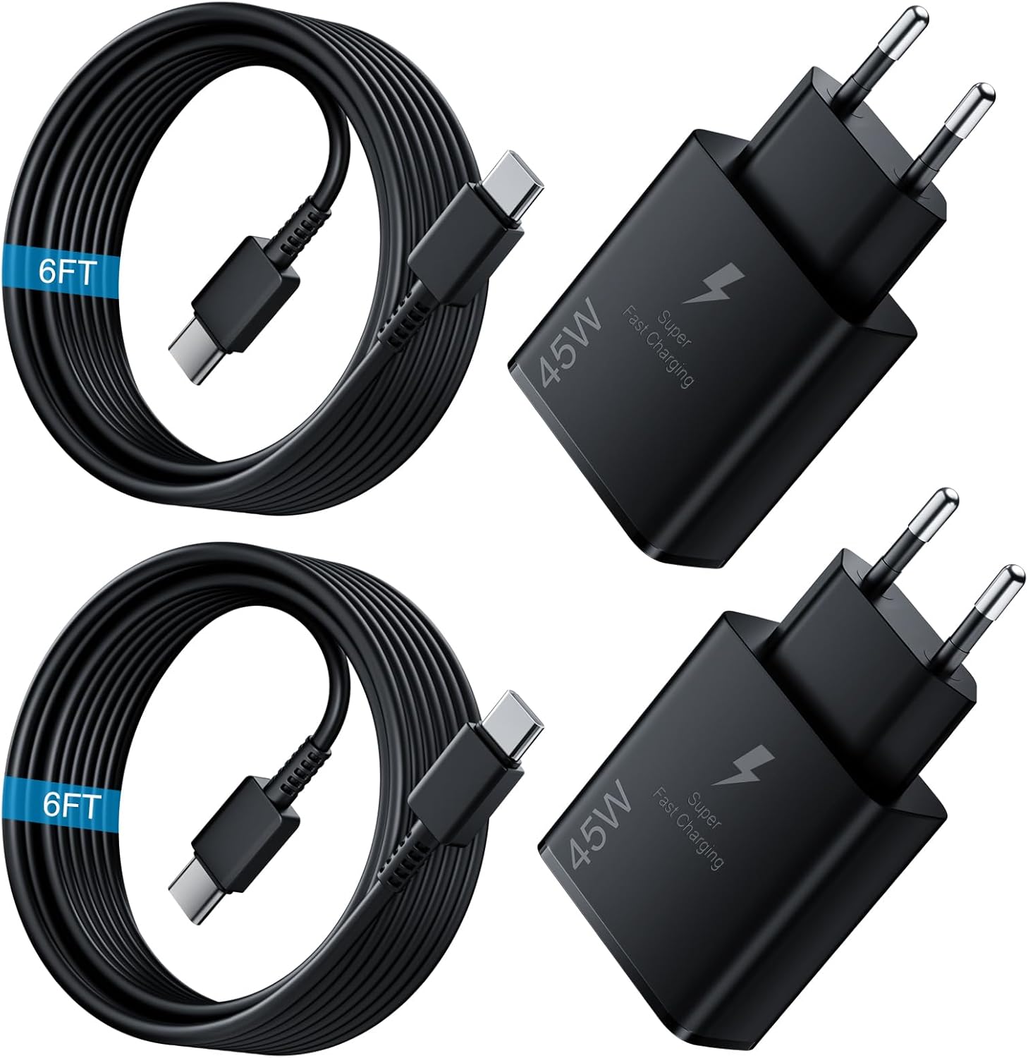 Jssevn-45w Schnellladegerät Mit Usb-c-anschluss, 2er-pack Mit 2 M Langen Usb-c-kabeln Für Samsung Galaxy S25, S24+, S24 Ultra, S23+ Ultra, Note20, A54, A53, Z Fold5, Fold4