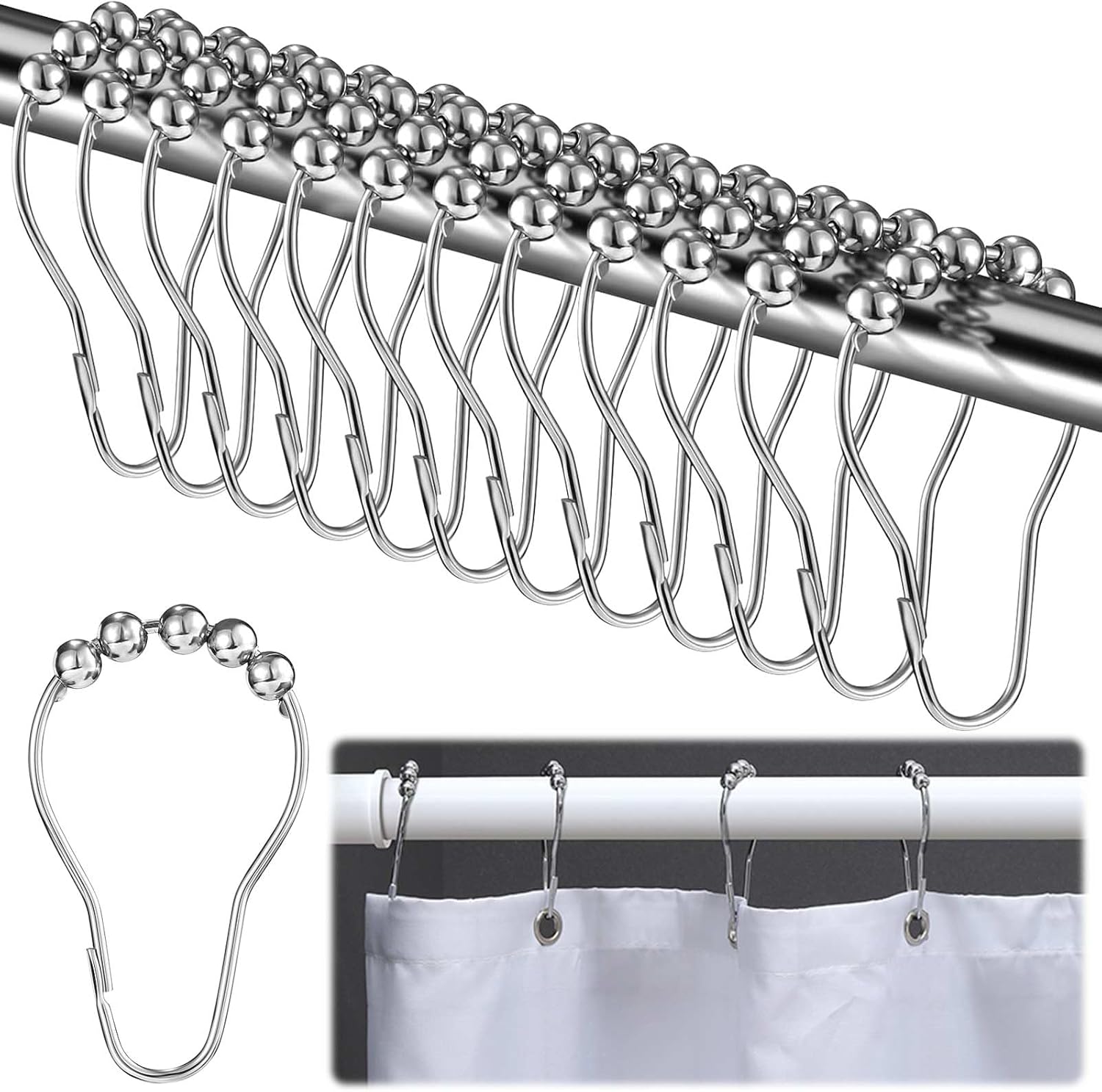 Jssevn Duschvorhangringe Aus Edelstahl, 36 Stück, Duschvorhanghaken Mit Schiebesystem, Silberfarbene Metallringe Für Duschvorhangstangen, 7 X 4 Cm