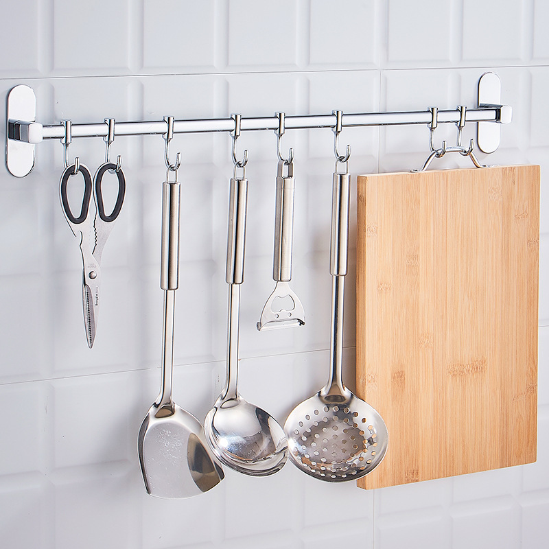 Jssevn-küchen-klebe-utensilienhalter Schwarz - 60 Cm Stange Mit 8 Haken - Organizer Für Küche, Bad Oder Garage (silber)