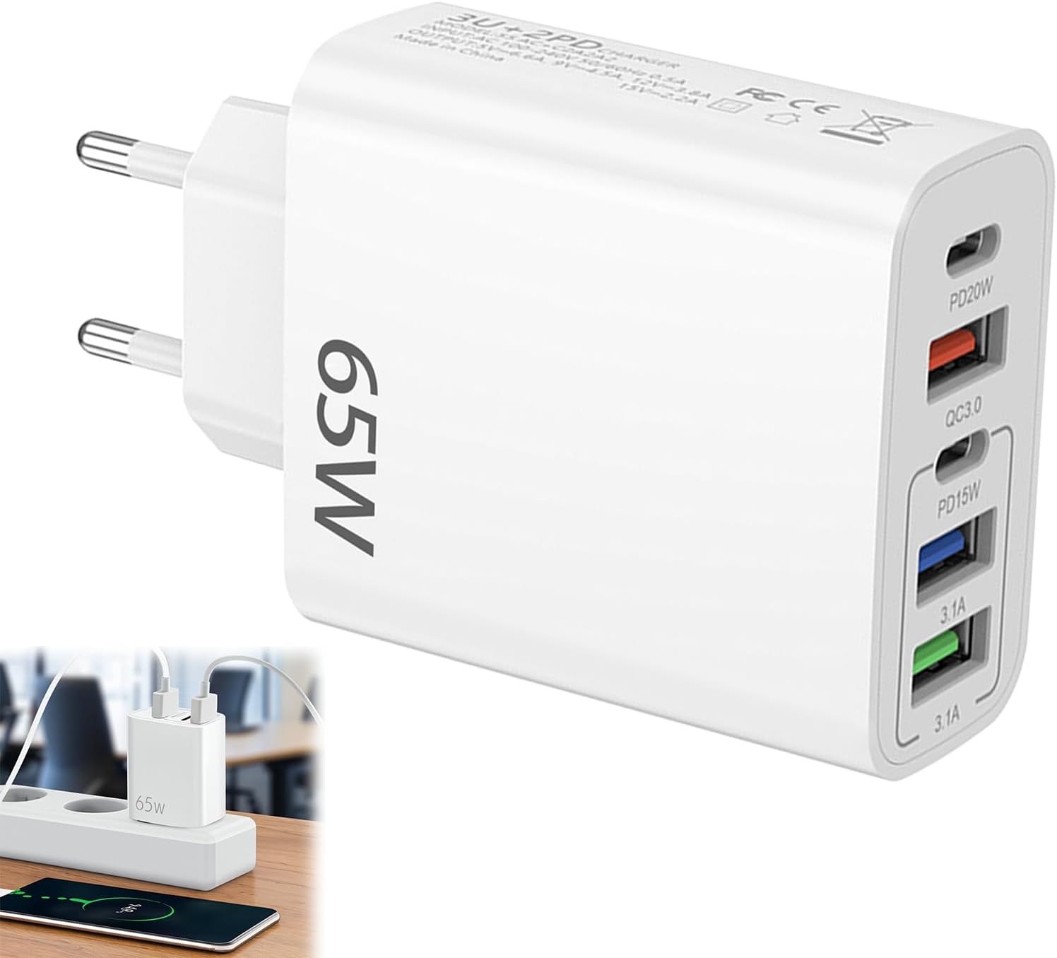 Jssevn 65w Usb-c-ladegerät, 5-port-usb-c-ladegerät Mit Smart Qc 3.0 Schnellladefunktion, Für Samsung Smartphones Und Ipads, Weiß