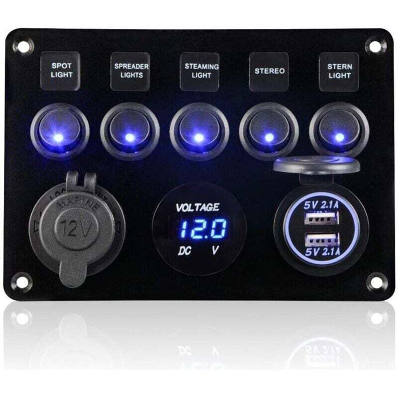 5-fach 12v/24v-schalttafel – Ip65 Wasserdicht – Dual-usb-ladegerät (5v, 2,1a) – Digitales Led-voltmeter Für Auto Und Boot