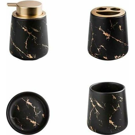 Set Mit 4 Badezimmeraccessoires Aus Marmorierter Keramik – Seifenspender, Zahnbürstenhalter, Becher, Seifenschale – Mattschwarz, 12,5 X 8,5 Cm