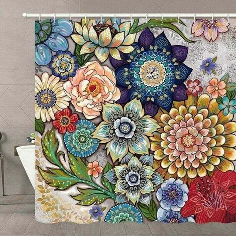 Duschvorhang – Mehrfarbige Blumen – Naturmotiv – 180 X 200 Cm – Waschbar – Schimmelresistent – Wasserdicht – Mit 12 Ringen – Rot, Gelb, Blau, Grün