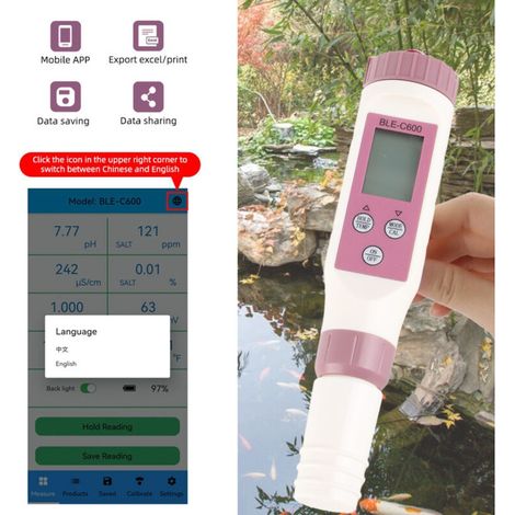 Wasserqualitäts-messstift, 7-in-1-smart-sonde Mit Hoher Empfindlichkeit, Bluetooth, Ph-wert-, Tds-, Ec-, Orp-, Sg-, Salzgehalts- Und Temperaturmessung