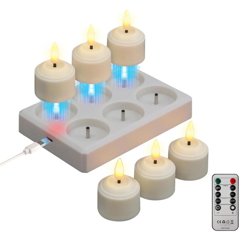 6er-set Wiederaufladbare Teelichter Mit Timer Und Ladestation, Wiederaufladbare Led-teelichter, Flackernde Kerzen Für Schlafzimmer, Wohnzimmer, Halloween, Weihnachten, Hochzeit